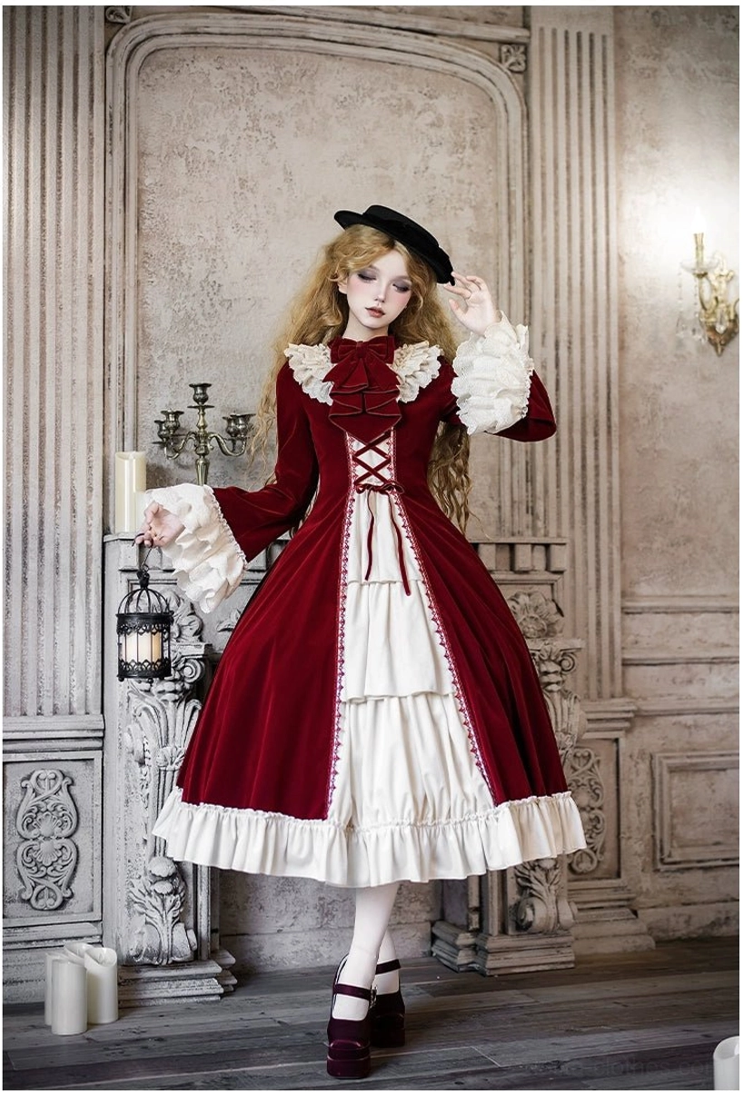 Black classic lolita OP dress with beige accent full front view elegant silhouette ruffled design
