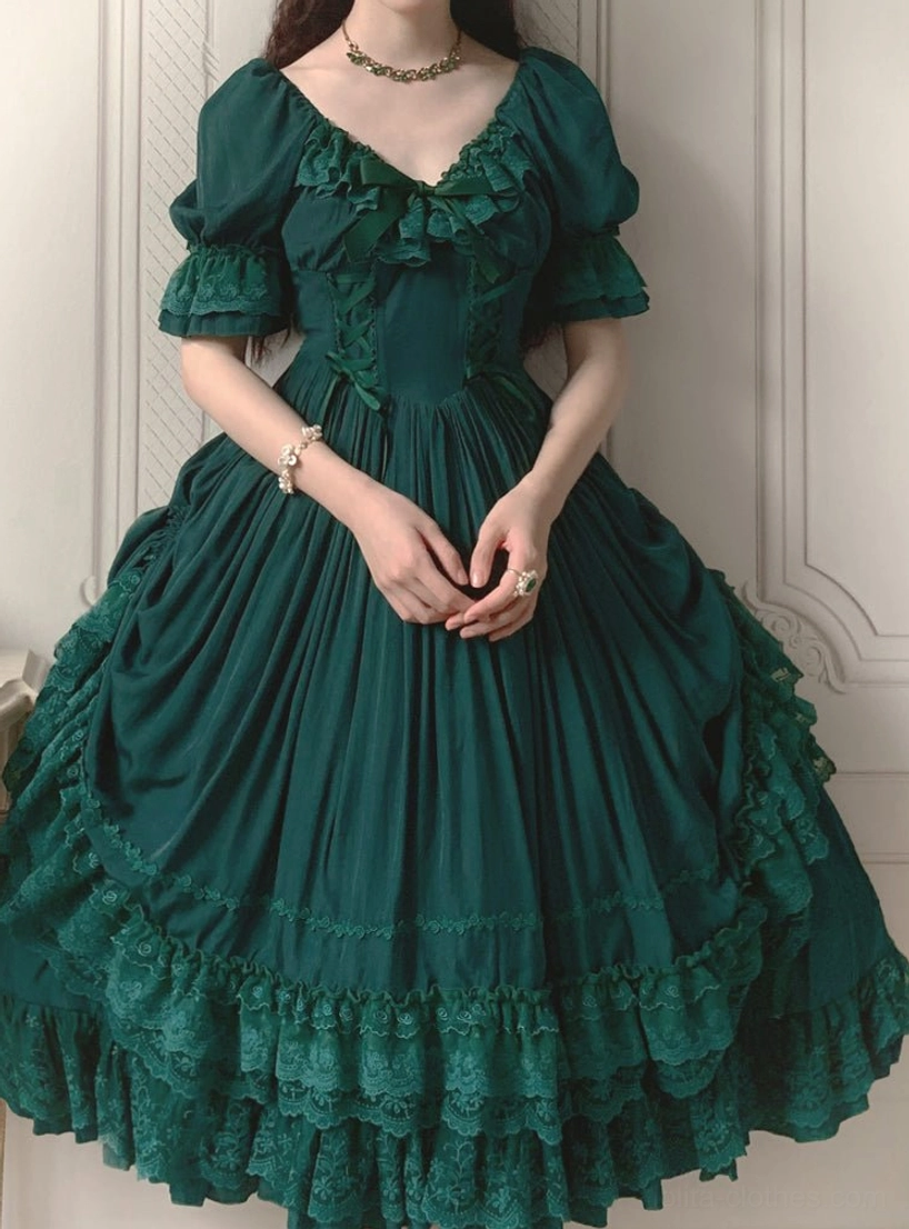Black French Lolita one-piece dress styled with Mary Jane shoes and knee-high socks for classic Lolita look