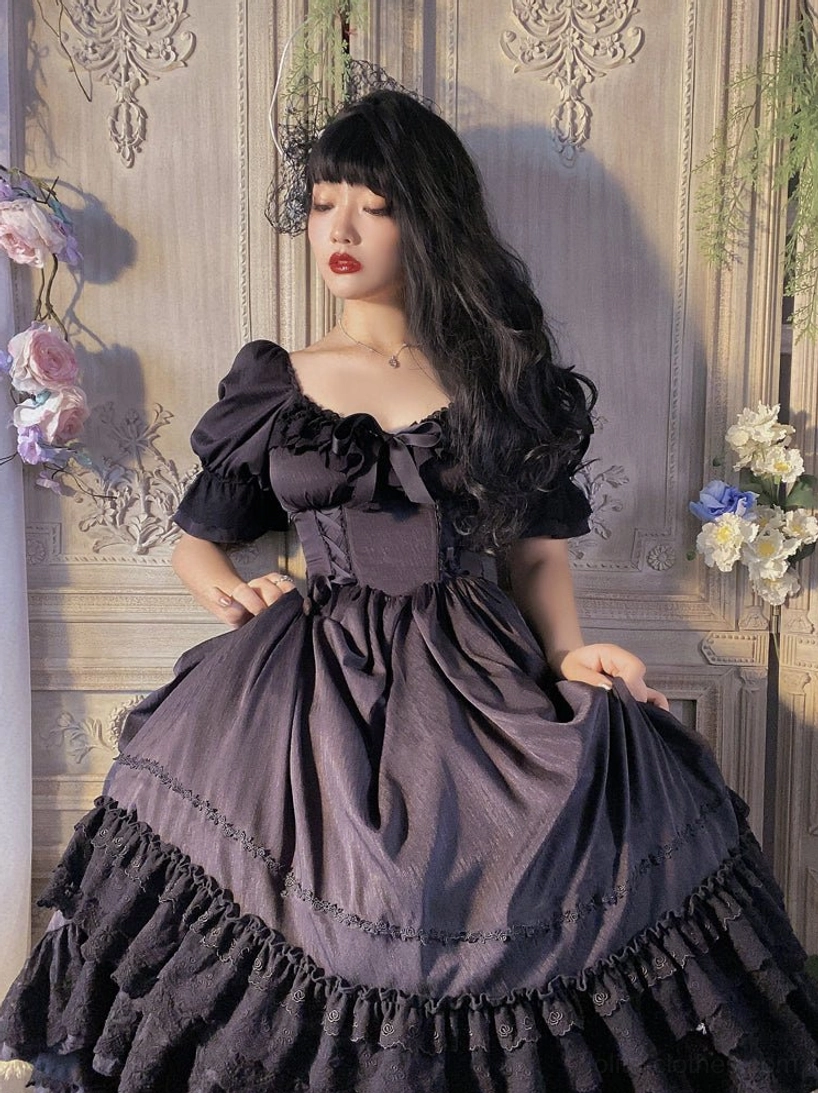 Black French Lolita one-piece dress showing ultimate Lolita staple color for gothic inspired aesthetic