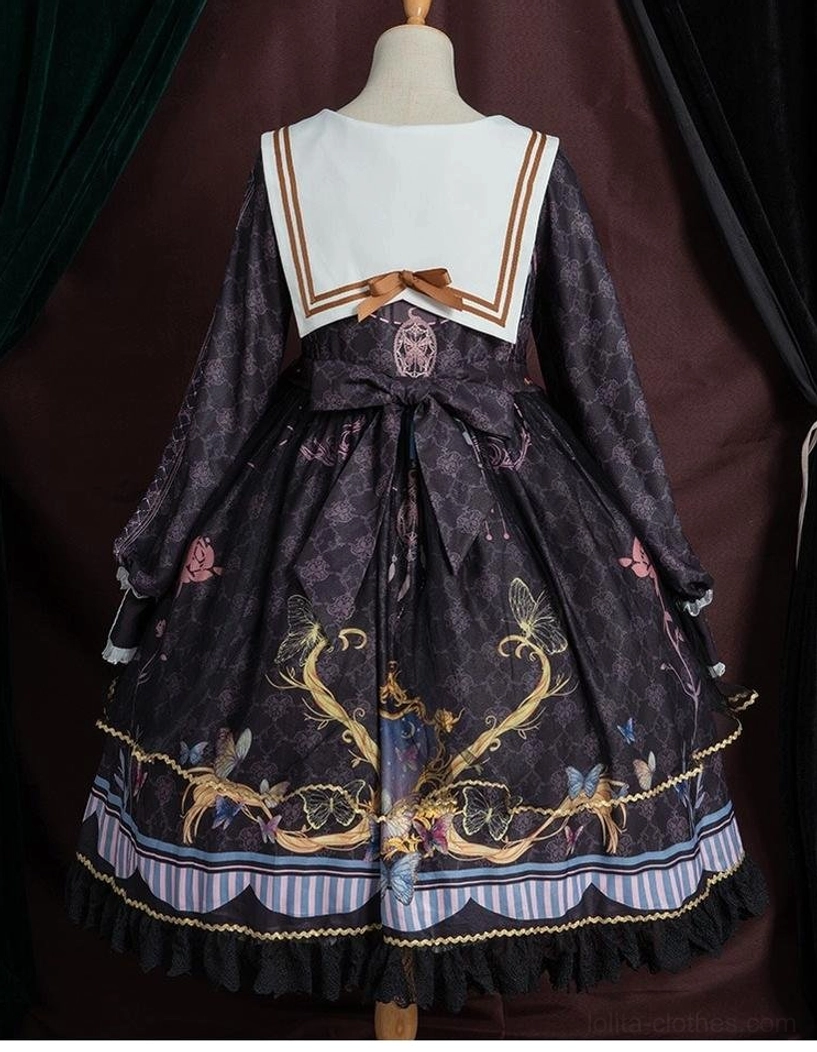 Black sailor collar lolita op dress formal presentation, well-executed classic lolita design, balance structured elegance whimsical charm, community aesthetic