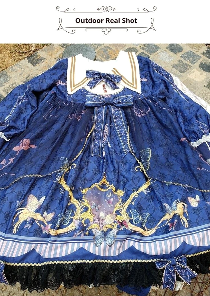 Black sailor collar lolita op dress front-opening tulle overlay translucent layer, delicate tulle with hand-scalloped borders, adds dimensional depth and mystery, clean lines preserved