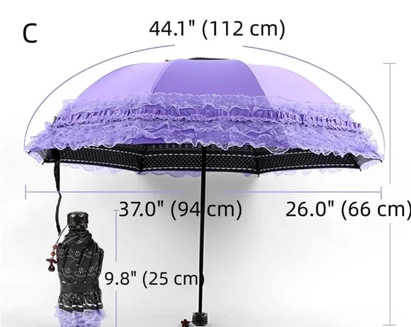 Black foldable lolita parasol with UV-protective coating and metal frame, compact folded presentation showing portability and lightweight construction