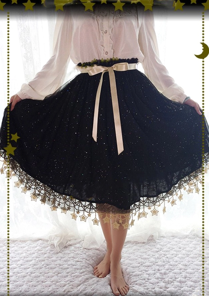 Black lolita petticoat 23.6 inch length with gold star lace hem classic gothic sweet style option