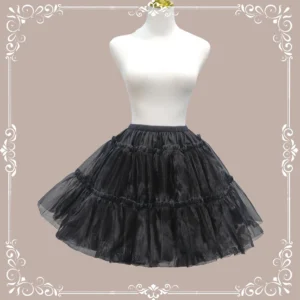 Black Lolita petticoat front view on white dress form mannequin showing elastic waistband multi-layer tulle construction and A-line bell shape