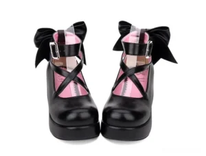 Black round toe Lolita platform shoes flat front view with crisscross straps pink inner lining metal buckle