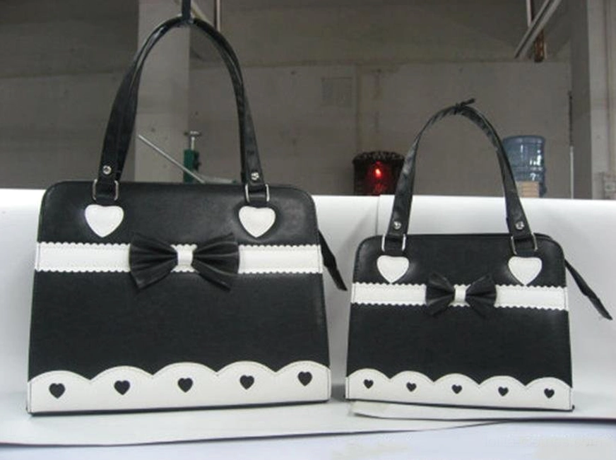 Matching black lolita handbag set two sizes with bow ornament heart hardware white trim details