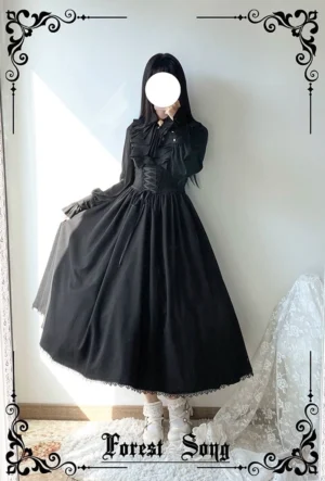Black classic lolita reversible SK skirt with scalloped hem full-body front view