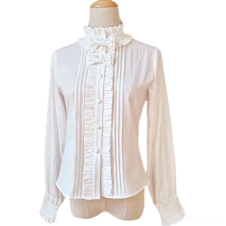 Black lolita stand collar blouse with detachable fabric bows on ruffled collar and pearl button front