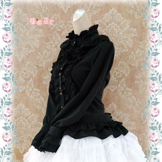 Black silk Lolita stand collar blouse side view displaying fitted waist ruffled long sleeves and lace cuff finishing