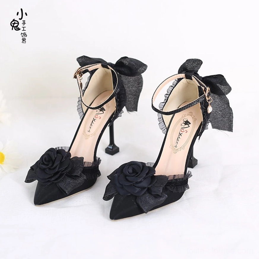 Black Lolita high heel shoes with ankle strap pearl charm mesh bow at heel pointed toe with fabric rose decoration side view