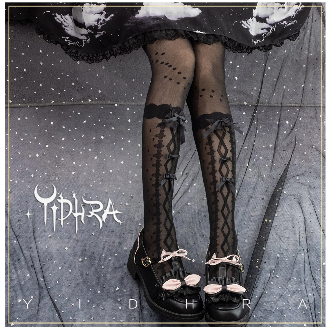 Black lolita over-the-knee stockings featuring heart-shaped dot prints upper legs cross-lace pattern bowknot cuff accents with lolita skirt