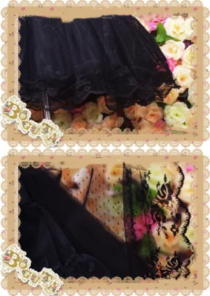 Black casual Lolita tiered petticoat displayed on dress form with multi-layer ruffled tulle skirt and decorative lace hem, romantic floral backdrop highlighting silhouette