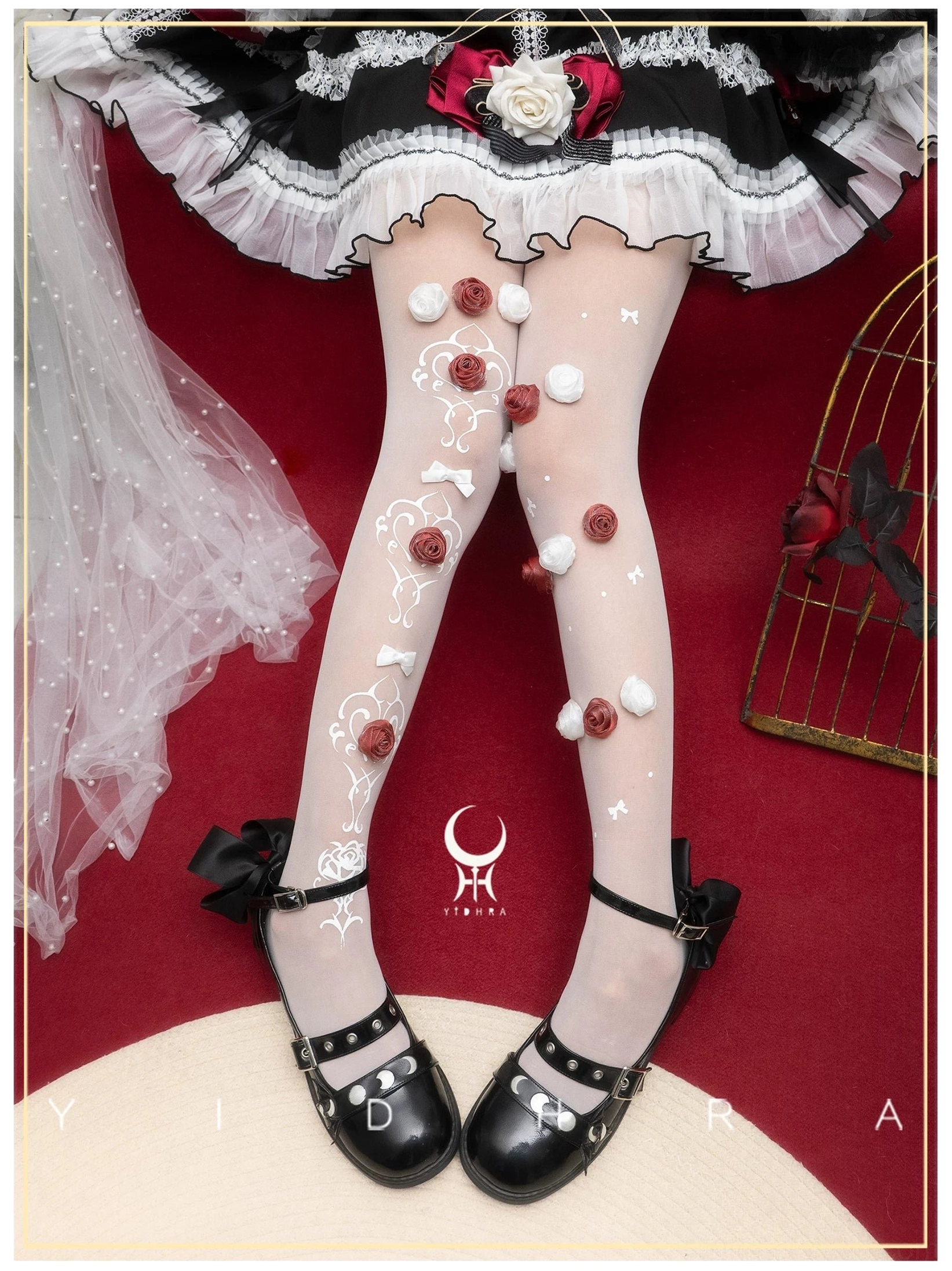 Black lolita tights handmade rose embellishments unique decorative arrangement white pom-poms bows sweet gothic aesthetic flat photography