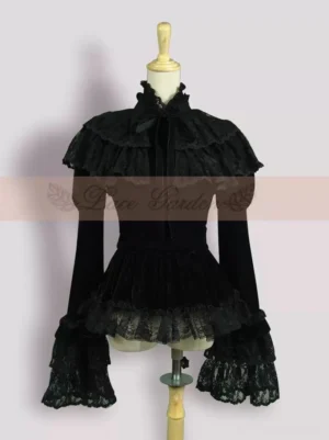 Black gothic lolita blouse with trumpet sleeves double layered lace ruffled collar front view