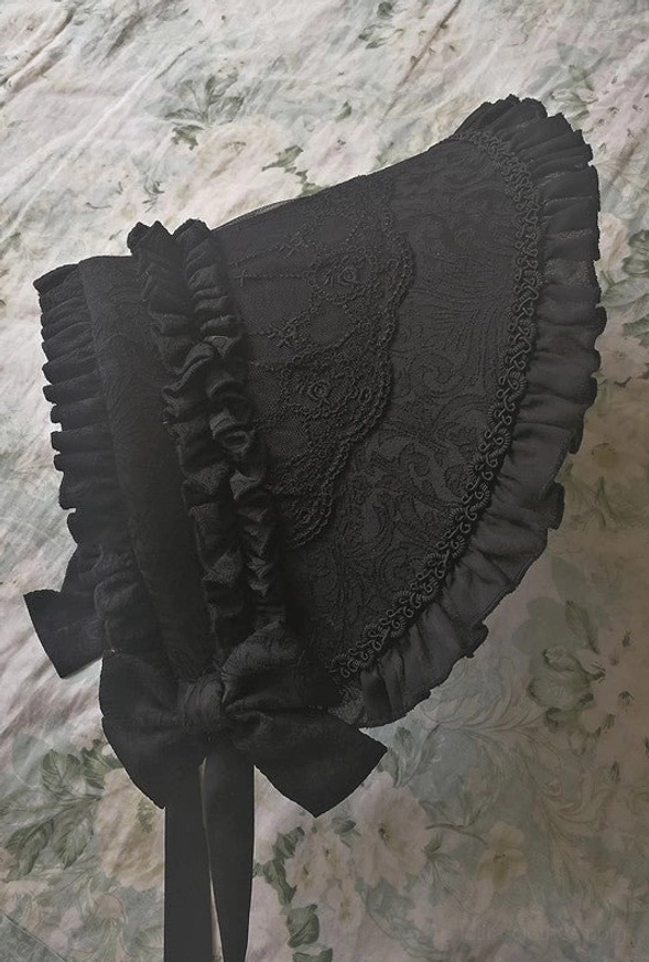 Black vintage Lolita adjustable bonnet hanging display with embroidered lace bowknot ribbon headdress