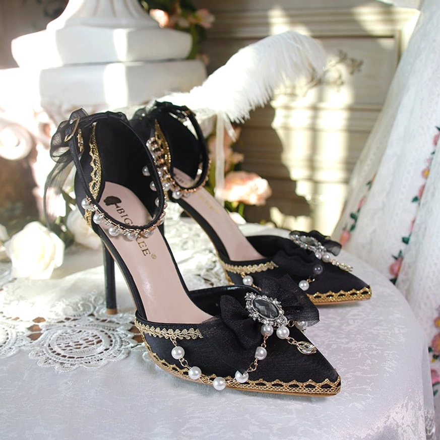 Black pointed toe lolita wedding high heels gold lace trim large gem pearl bow embellishment branded insole elegant footwear