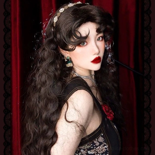 Side view of black fluffy sheep curl Lolita wig with pearl hairband earrings and choker worn by model in vintage Lolita dress