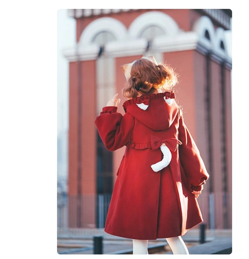 Black lolita winter coat with black cat ears horn toggle buttons ruffled trims full body front view urban lolita fashion