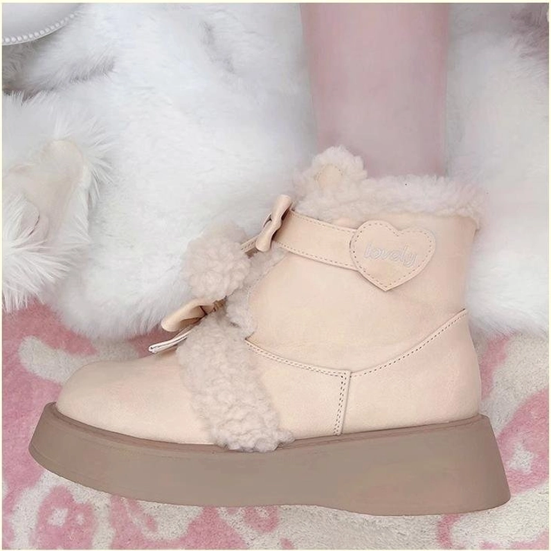 Black lolita winter snow boots front bow decoration detail styling photography
