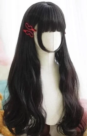 Black long curly lolita wig with red butterfly hairpins neat bangs three-quarter front view mannequin display