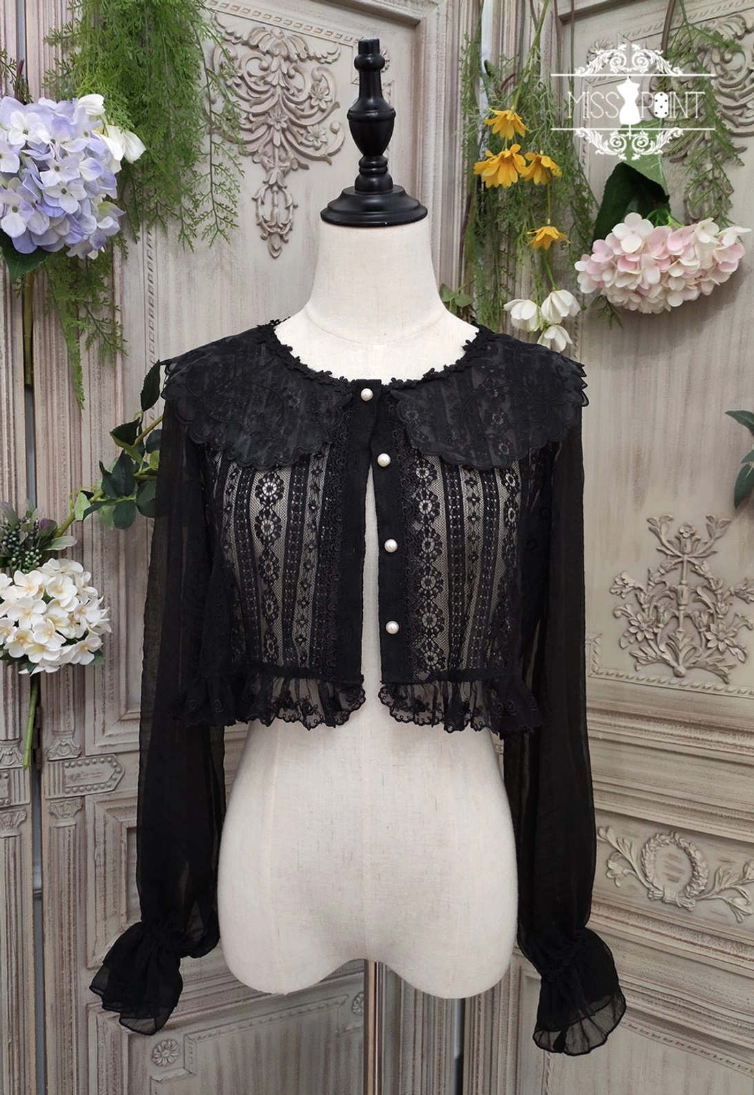 black long sleeve retro lolita blouse with elasticized cuffs and lace hemline details