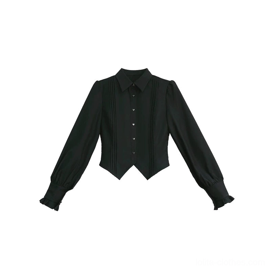 Black long-sleeve lolita blouse detail showing heart-shaped button accents, pleated front construction, and ruffled cuffs - separate purchase option to pair with red plaid JSK