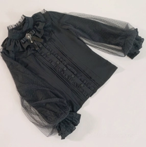 Black long sleeve lolita chiffon blouse flat lay display with stand collar brooch front pleated placket mesh lantern sleeves