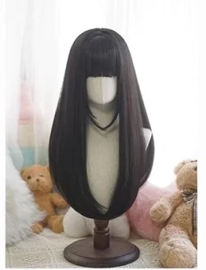 Pure black lolita wig with straight hair and neat full bangs paired with black choker accessory on display mannequin