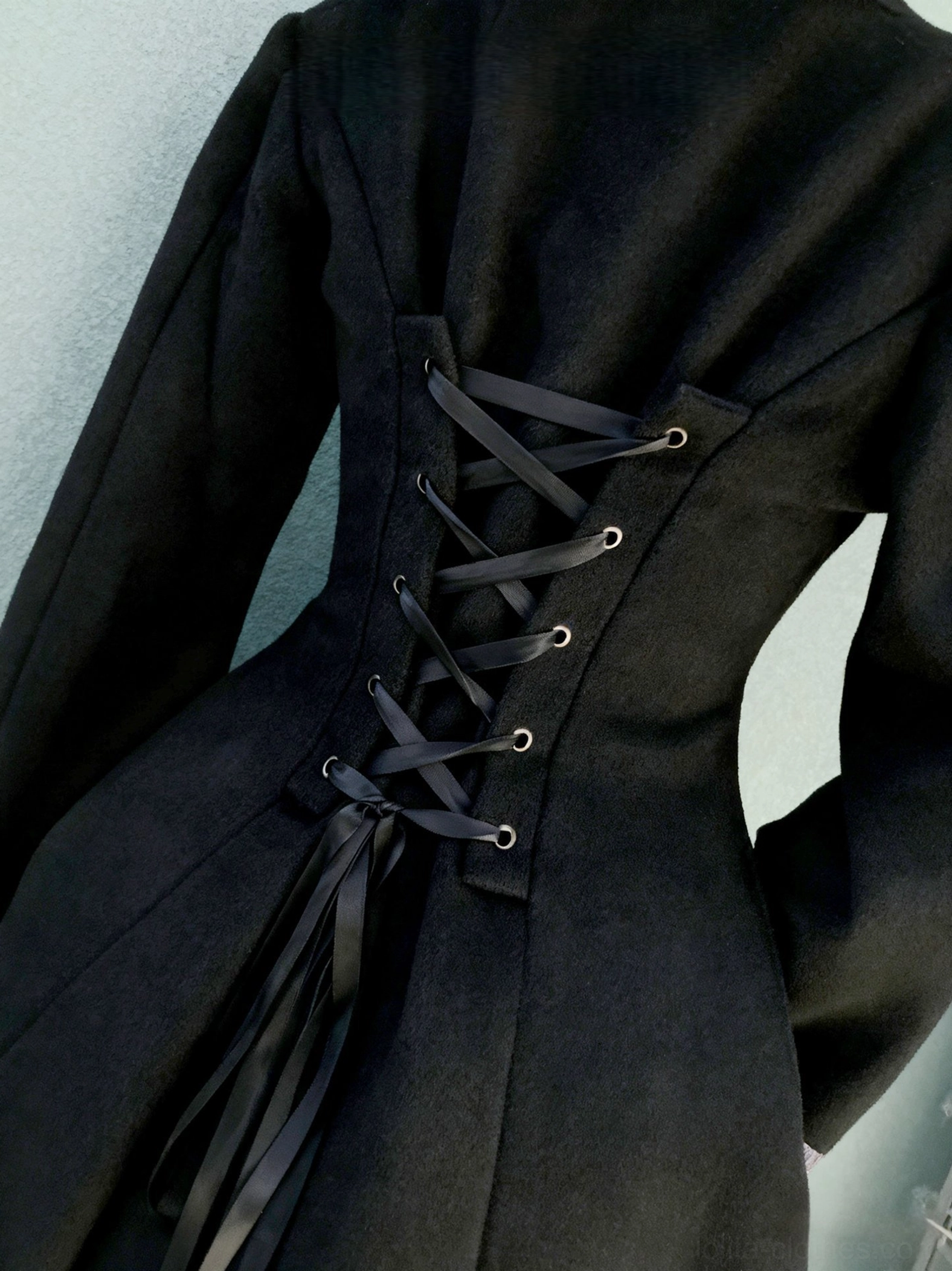Black Lolita coat back waist detail satin lace-up corset back tailored cinched waist smooth wool fabric