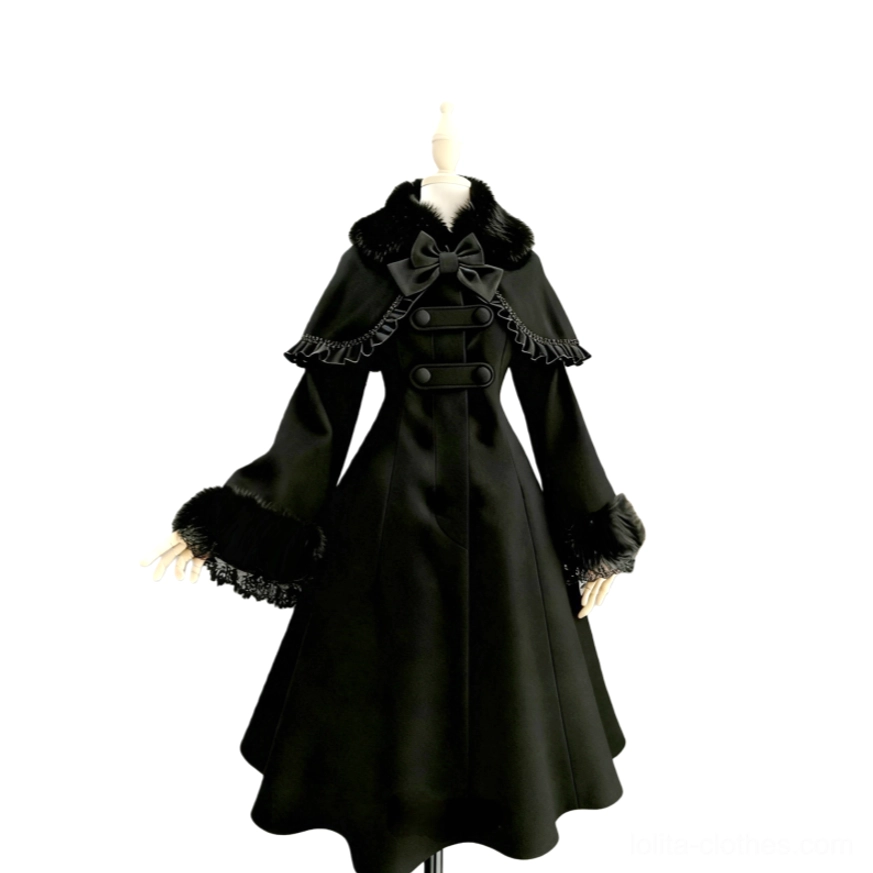 Black Madeleine wool Lolita coat XL long length flowing silhouette gothic elegant dramatic hem