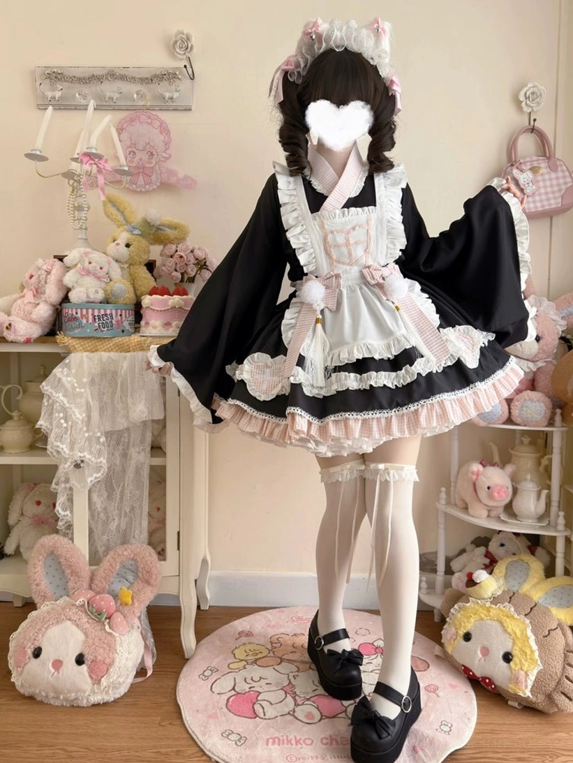 Black maid lolita nurse dress set side view showing elegant silhouette and structured lolita shape