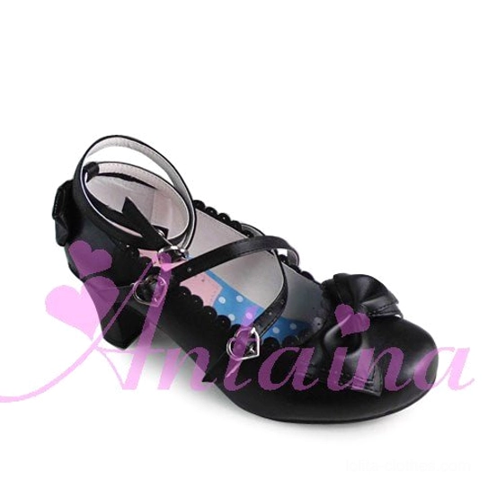 Matte black handmade lolita mary jane heels with crossover heart-shaped buckle ankle straps, scalloped collar, classic design, and sturdy 6.3cm wooden-style block heel
