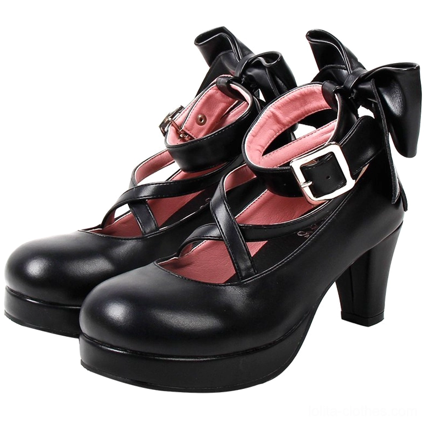 Black matte Lolita high heels with pink interior lining, crossover ankle buckle straps, large decorative back bow, round platform toe, and block heel - front oblique display showing inside lining