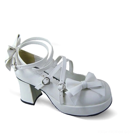 Detailed overhead view of black matte sweet Lolita Mary Jane shoe showing complete crisscross strap configuration and front bow ornament placement