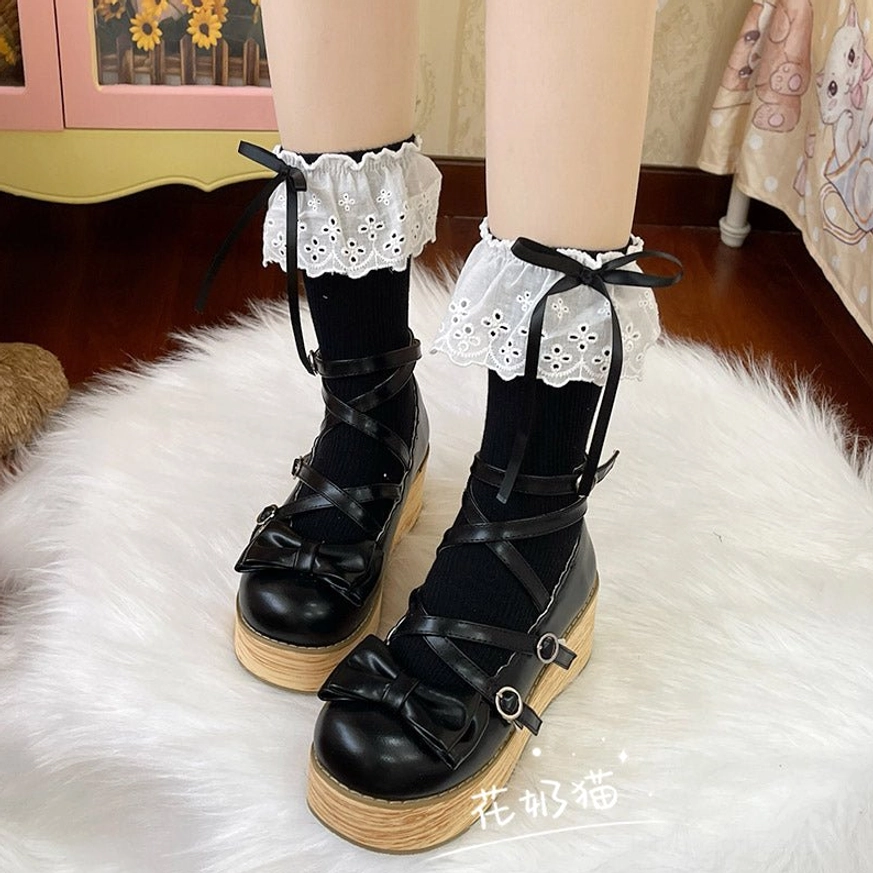 Black mid-calf lolita socks with white lace ruffle and bow, ideal for gothic lolita and sophisticated contrast in sweet lolita coordinates
