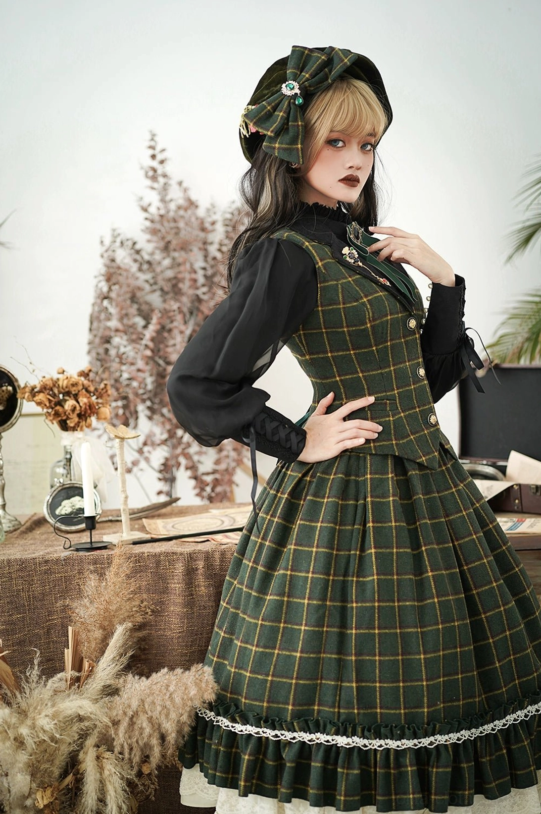 Black mutton sleeve lolita blouse three-quarter view showing sleeve volume