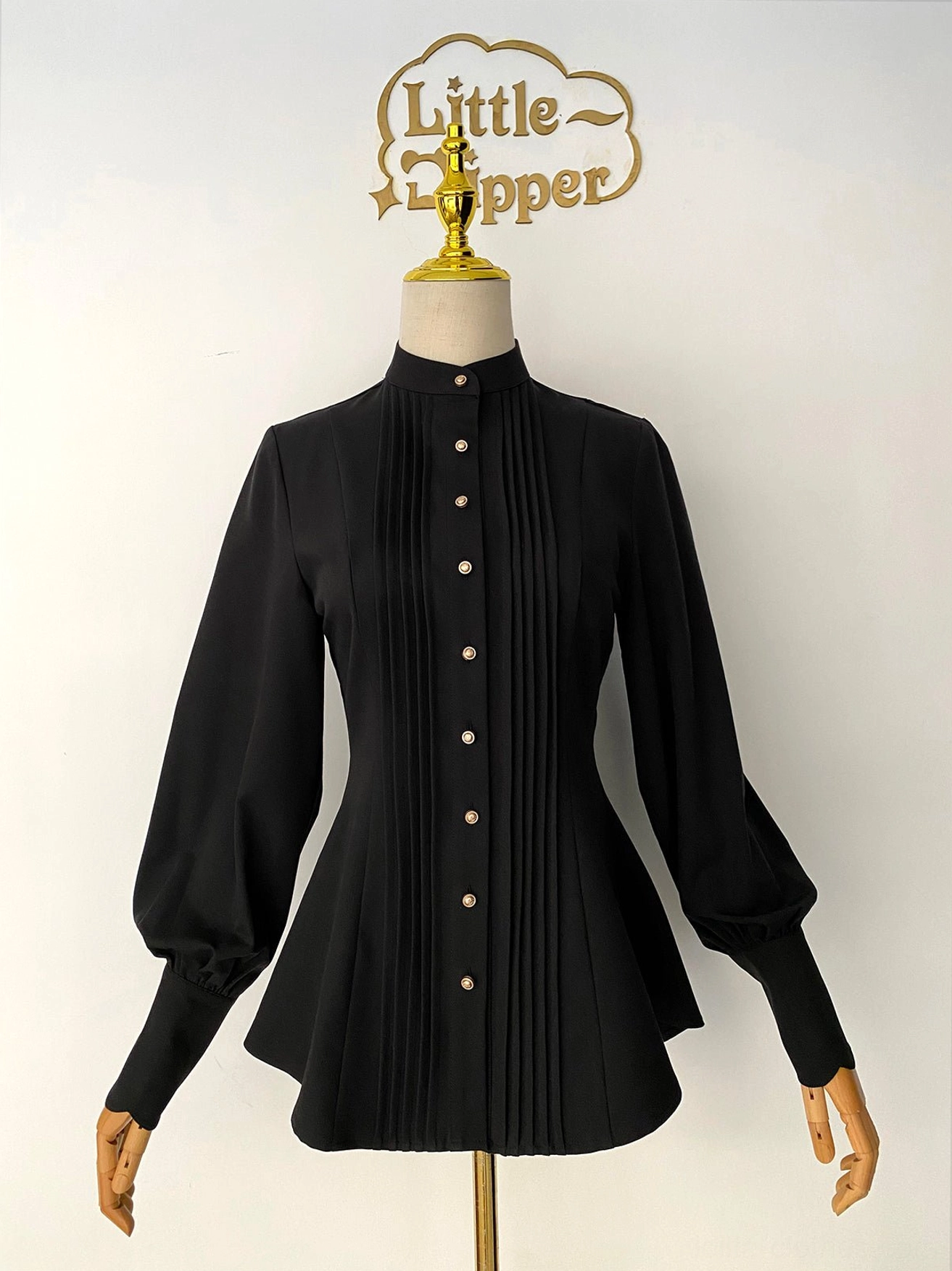 Black mutton sleeve stand collar Lolita blouse front full-body mannequin display white background cross ornament metal button closure