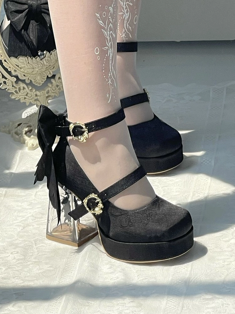Black and navy blue classic lolita platform heels side view gold heart buckles large bows dual straps