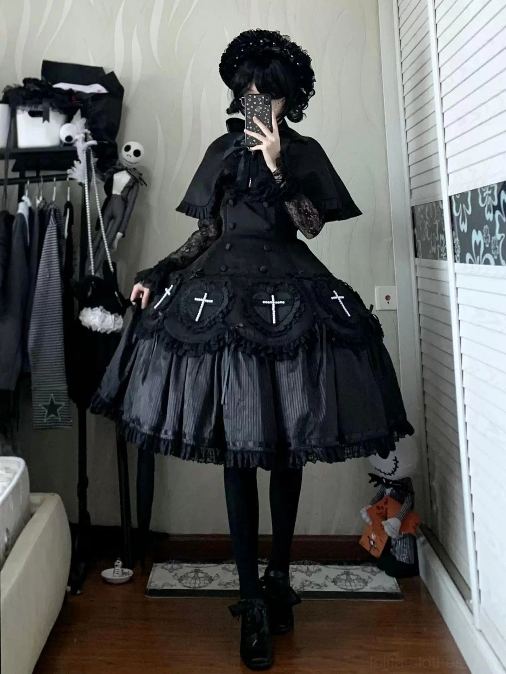 Black Nocthymn Cross Gothic Lolita dress front mirror selfie showing short puff sleeves multiple cross ornaments heart skirt patches all-black tone