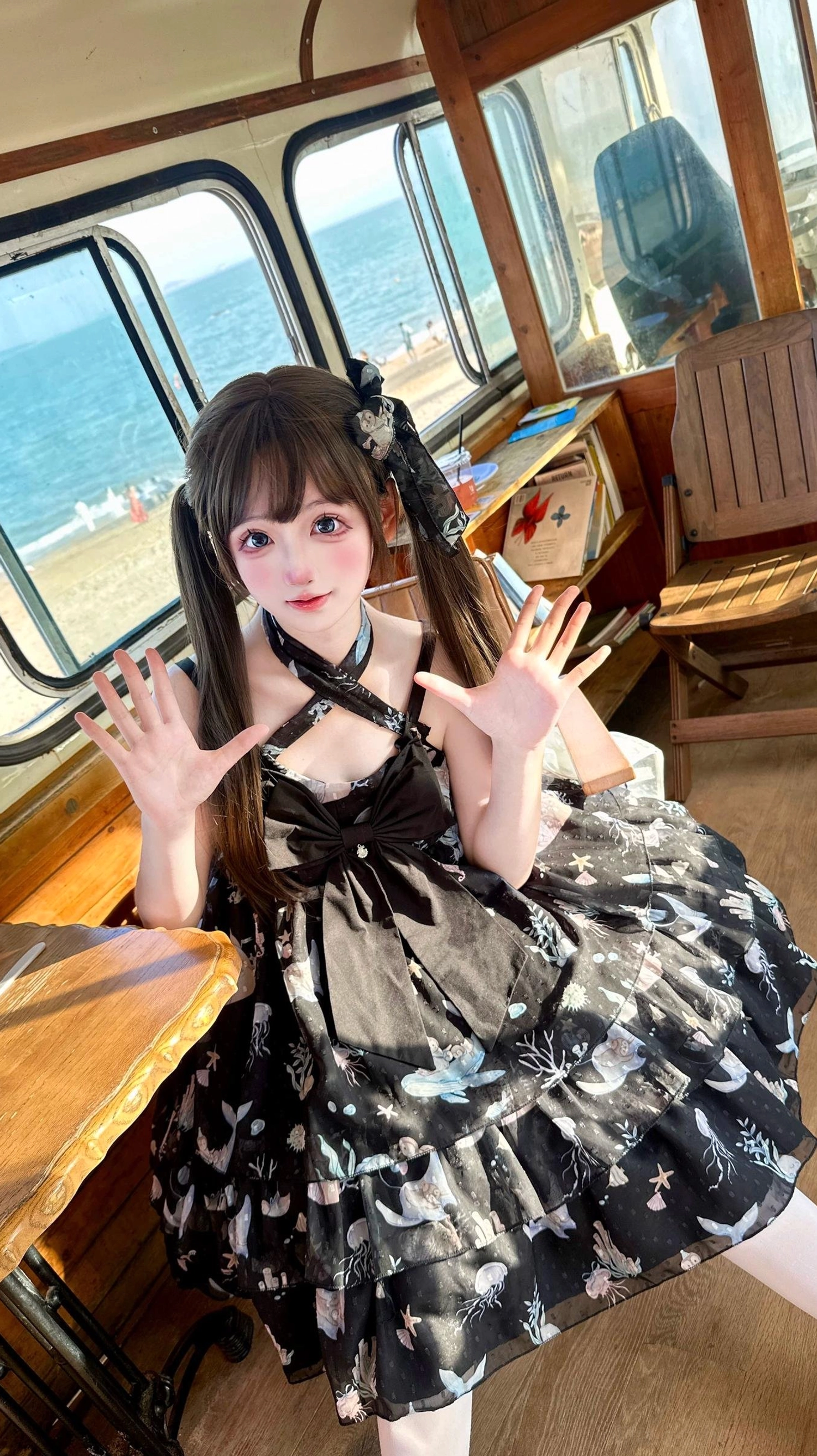 Black ocean sweetheart sweet lolita jumper skirt halter neck vintage bus full body dynamic pose