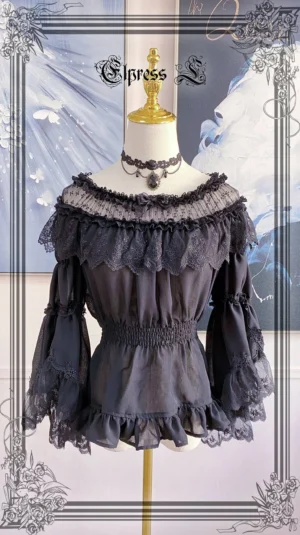 Off-shoulder black chiffon Lolita blouse with lace-ruffled collar and bishop sleeves on dress form