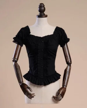 Black off-shoulder lolita corset blouse with ruffled cuffs and fitted silhouette front display