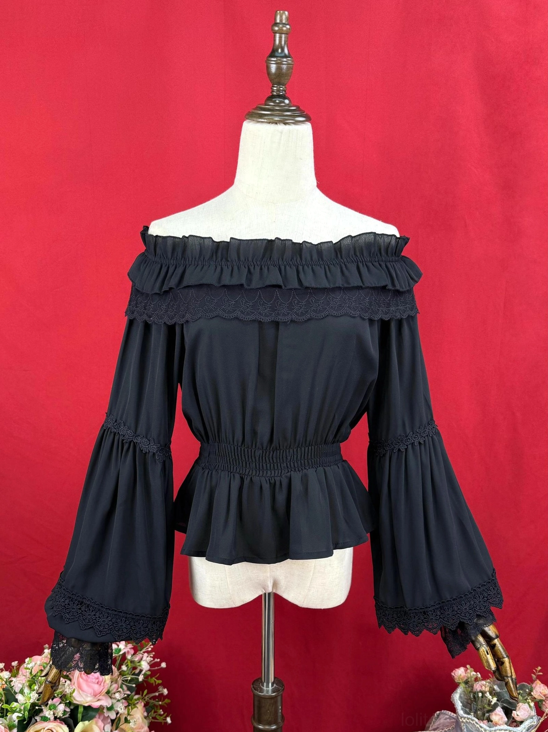 Black off-shoulder Lolita blouse with ruffled lace collar and lace-trimmed bell sleeves elasticated peplum waist front view dress form