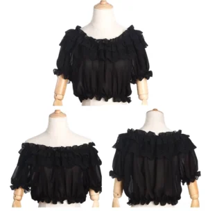 Black off-shoulder ruffled pearl chiffon lolita cropped blouse displayed on wooden dress forms showing front left and right side angles with layered lace ruffles and puff sleeves