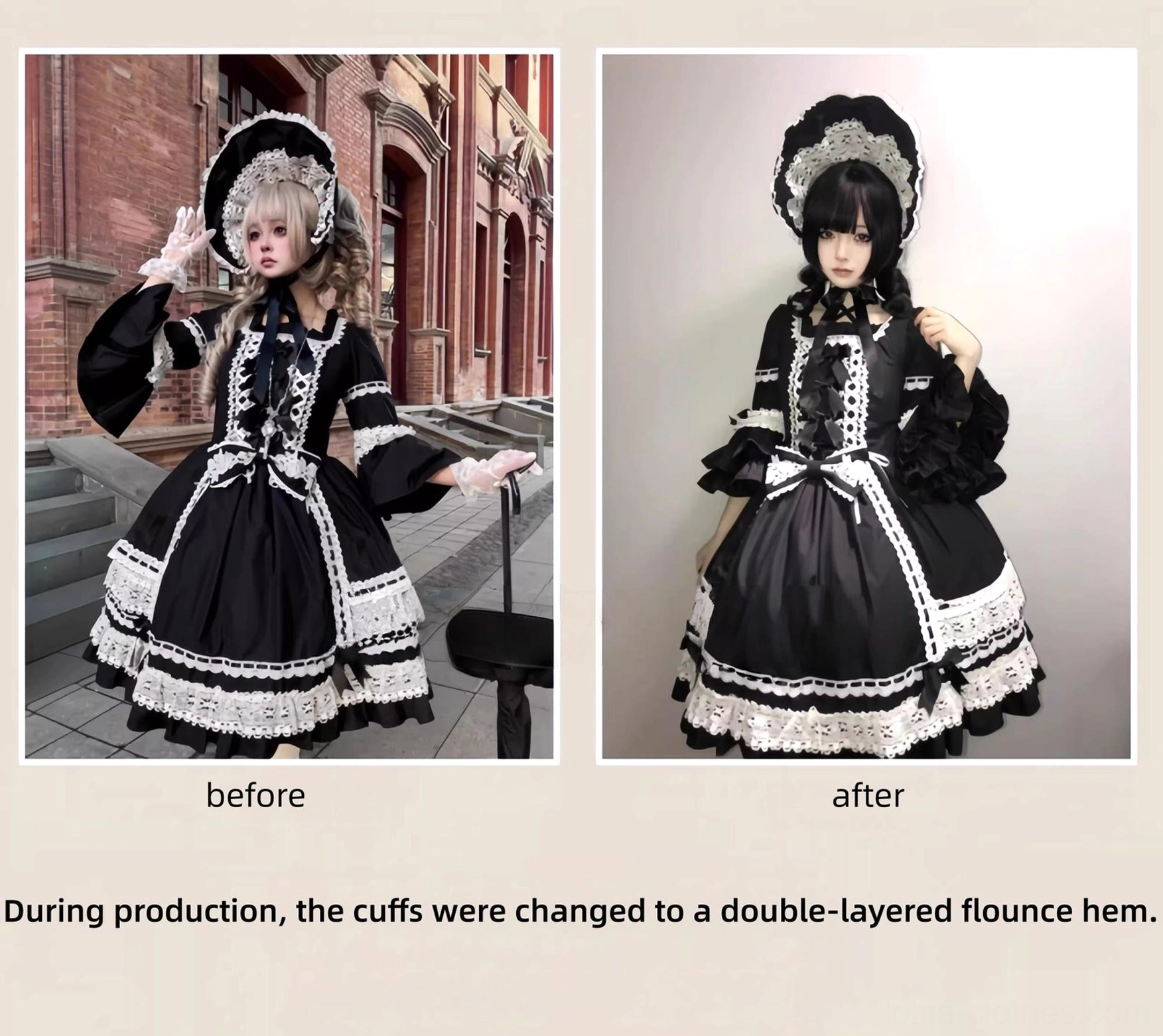 Before and after production comparison of black lolita OP dress showing updated double-layered flounce cuff design on final version
