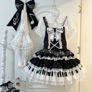 Black Old School Lolita Salopette Dress with Piano Key Tiered Lace Hem and White Front Bow - Front View Display with Matching Lolita Accessories