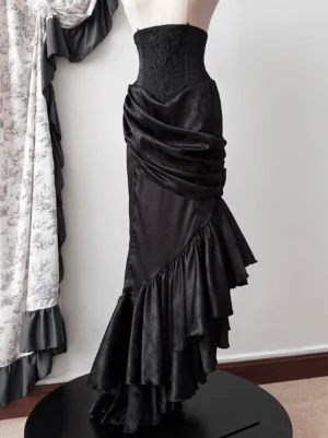 Black Oracle gothic lolita mermaid skirt with embroidered corset bodice and fishtail hem on mannequin display