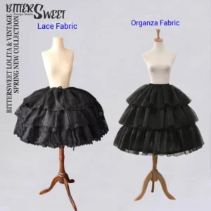 Black organza lace-trimmed hoop petticoat front view on mannequin featuring adjustable length and dual fabric options for lolita dress