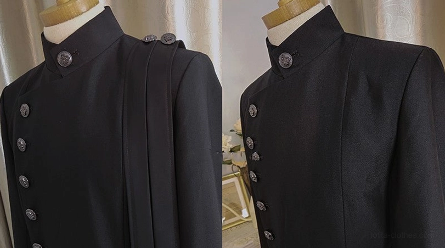 Close-up upper body detail of black Ouji coat, embossed silver buttons, detachable shoulder strap, and stand collar design on mannequin