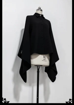 Black Ouji Lolita blouse back view showing graceful draped sleeve details and traditional formal silhouette